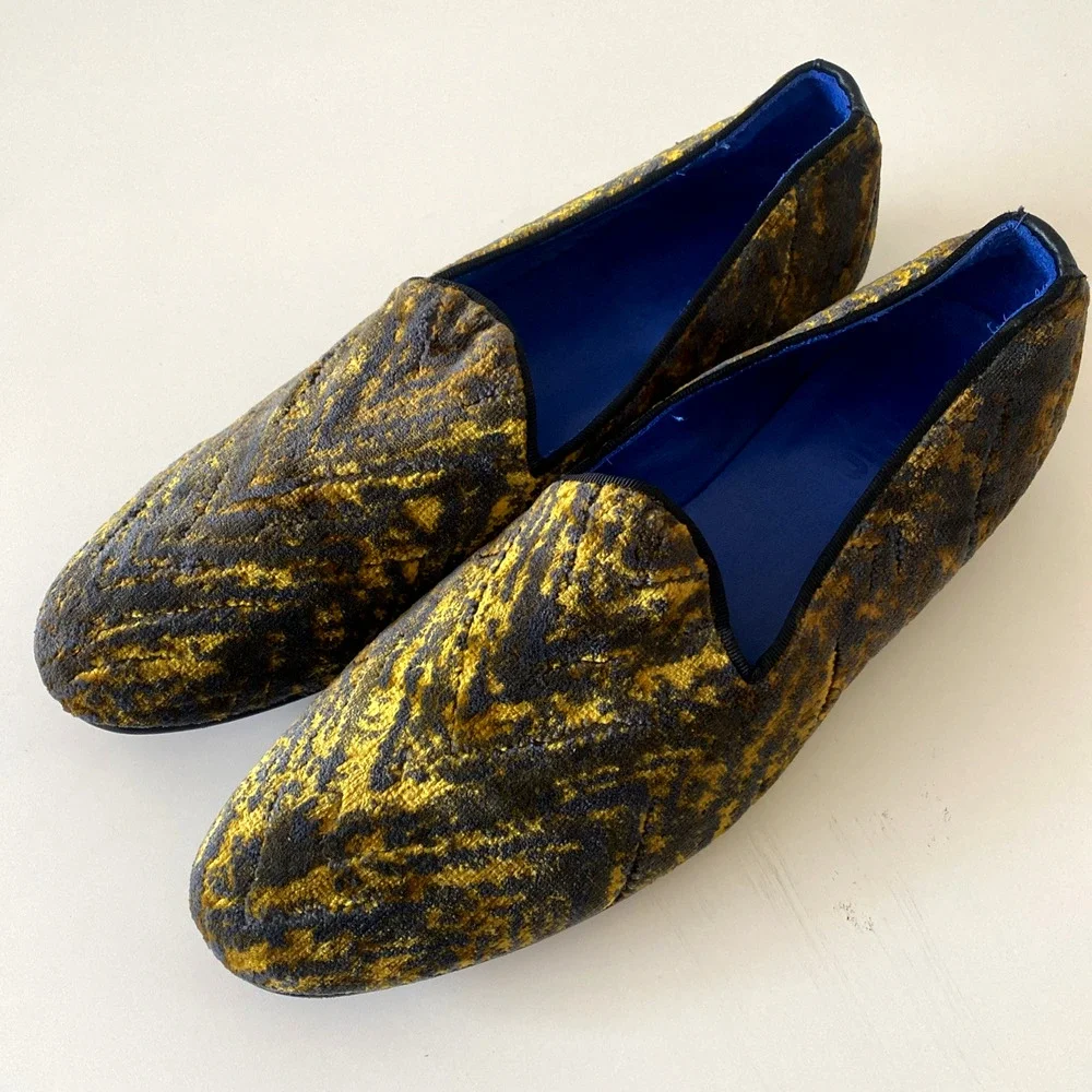 Fertini 80200 Low Vamp Loafer Gold Velvet Slip on Smoking Shoe Yellow Gray 43